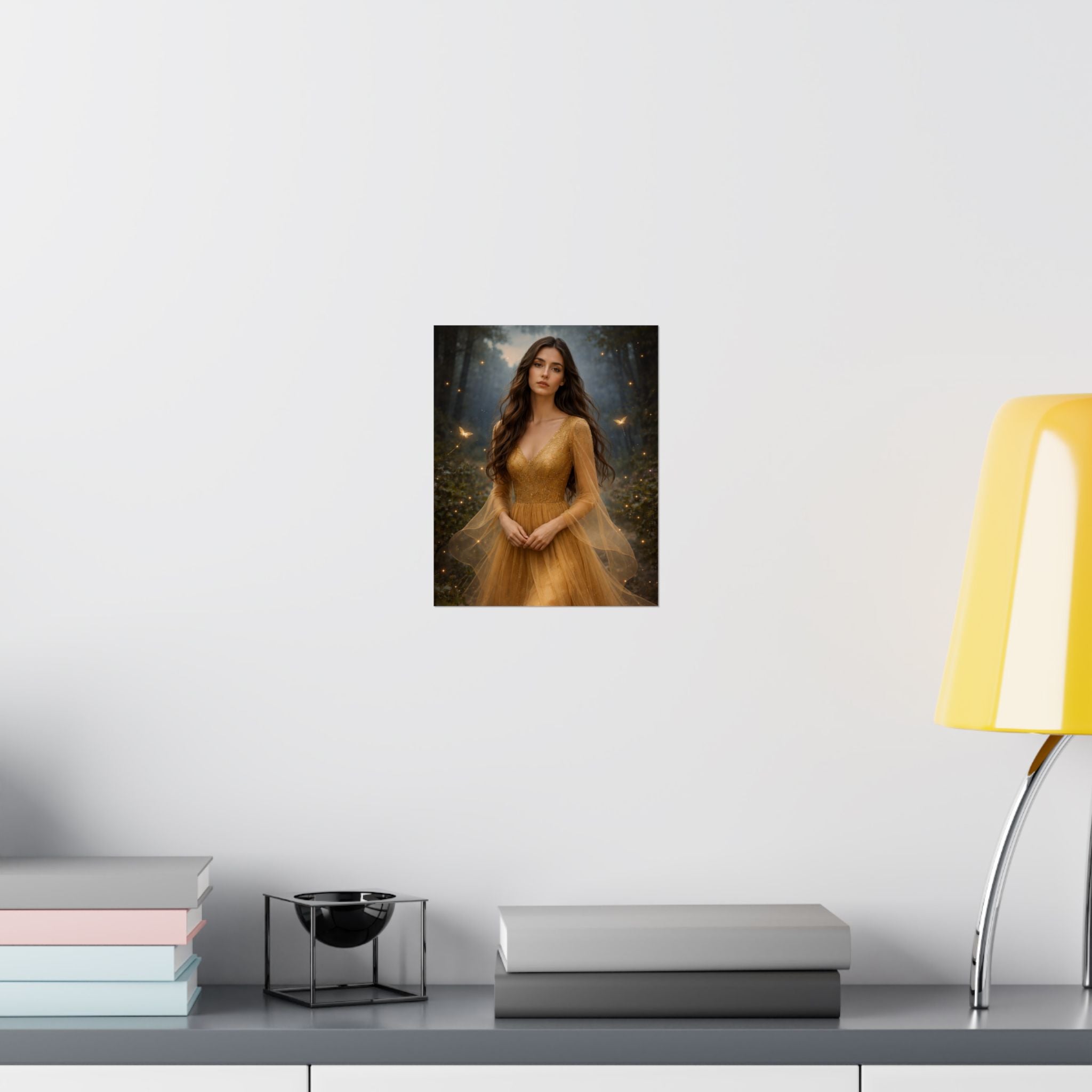 Golden Fairy Portrait Matte Vertical Poster | Ethereal Woman in Gown, Forest Fantasy
