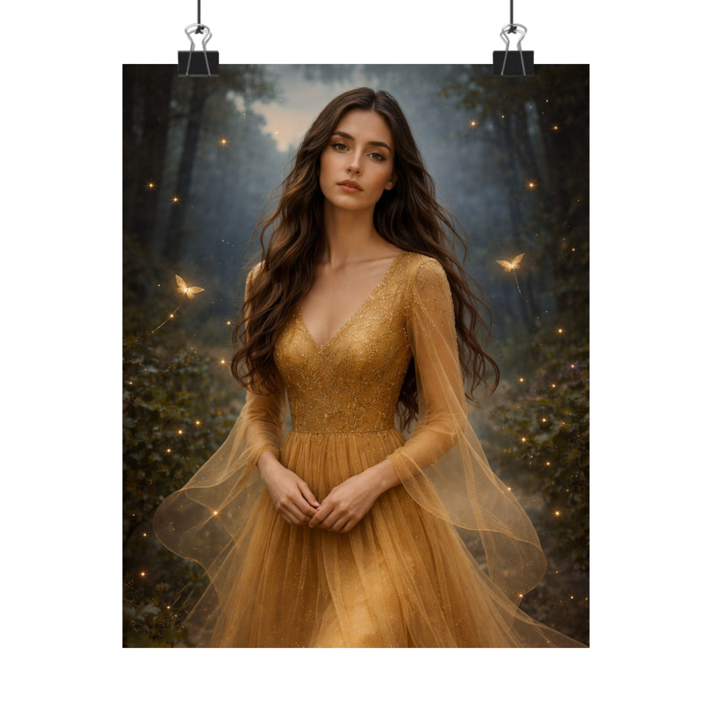 Golden Fairy Portrait Matte Vertical Poster | Ethereal Woman in Gown, Forest Fantasy