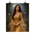 Golden Fairy Portrait Matte Vertical Poster | Ethereal Woman in Gown, Forest Fantasy