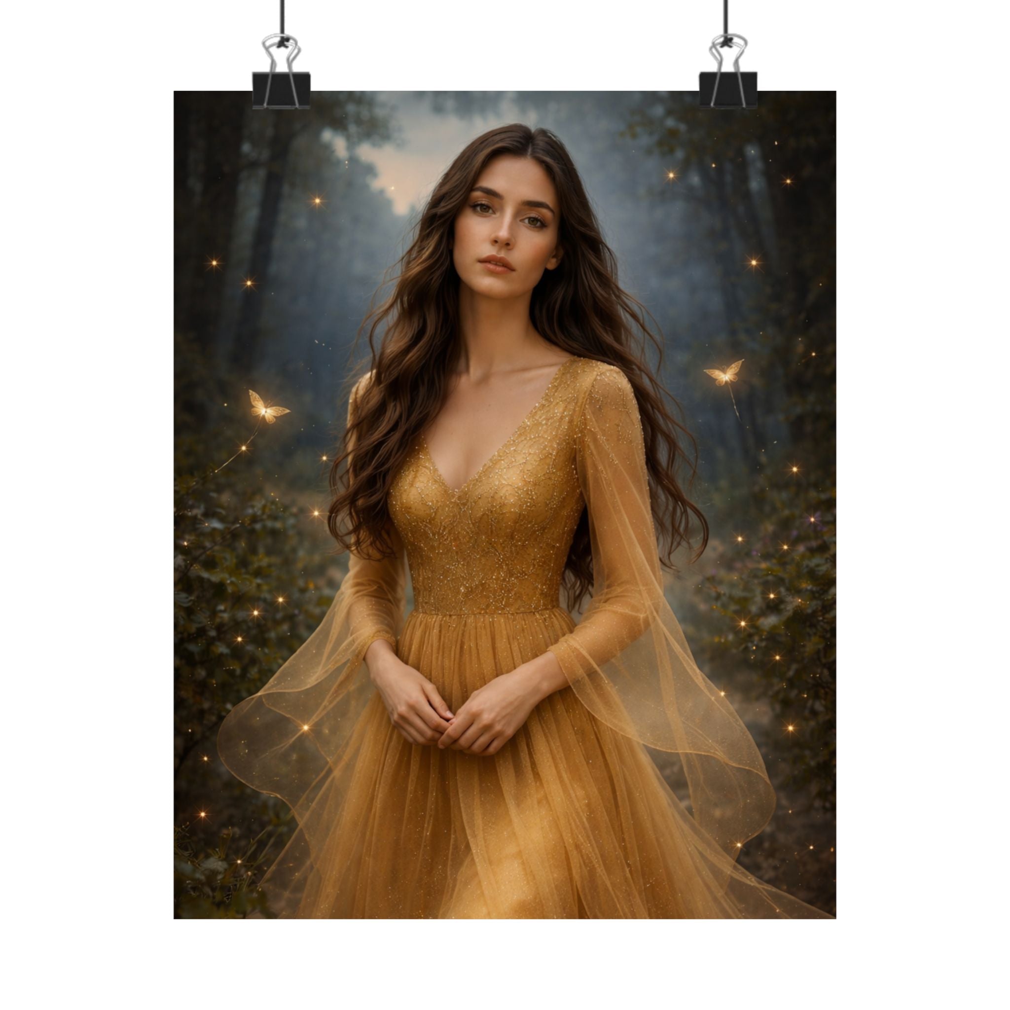 Golden Fairy Portrait Matte Vertical Poster | Ethereal Woman in Gown, Forest Fantasy