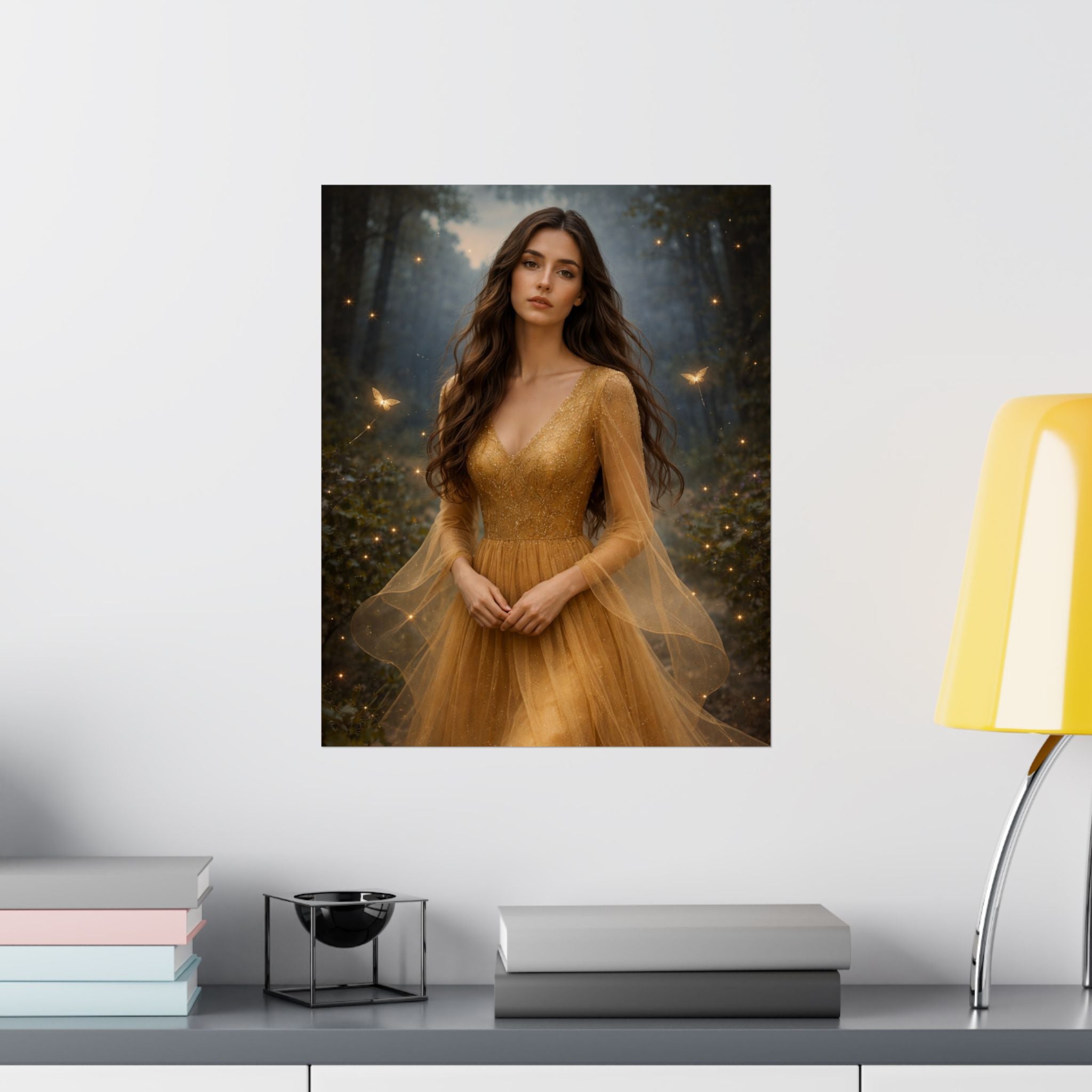 Golden Fairy Portrait Matte Vertical Poster | Ethereal Woman in Gown, Forest Fantasy