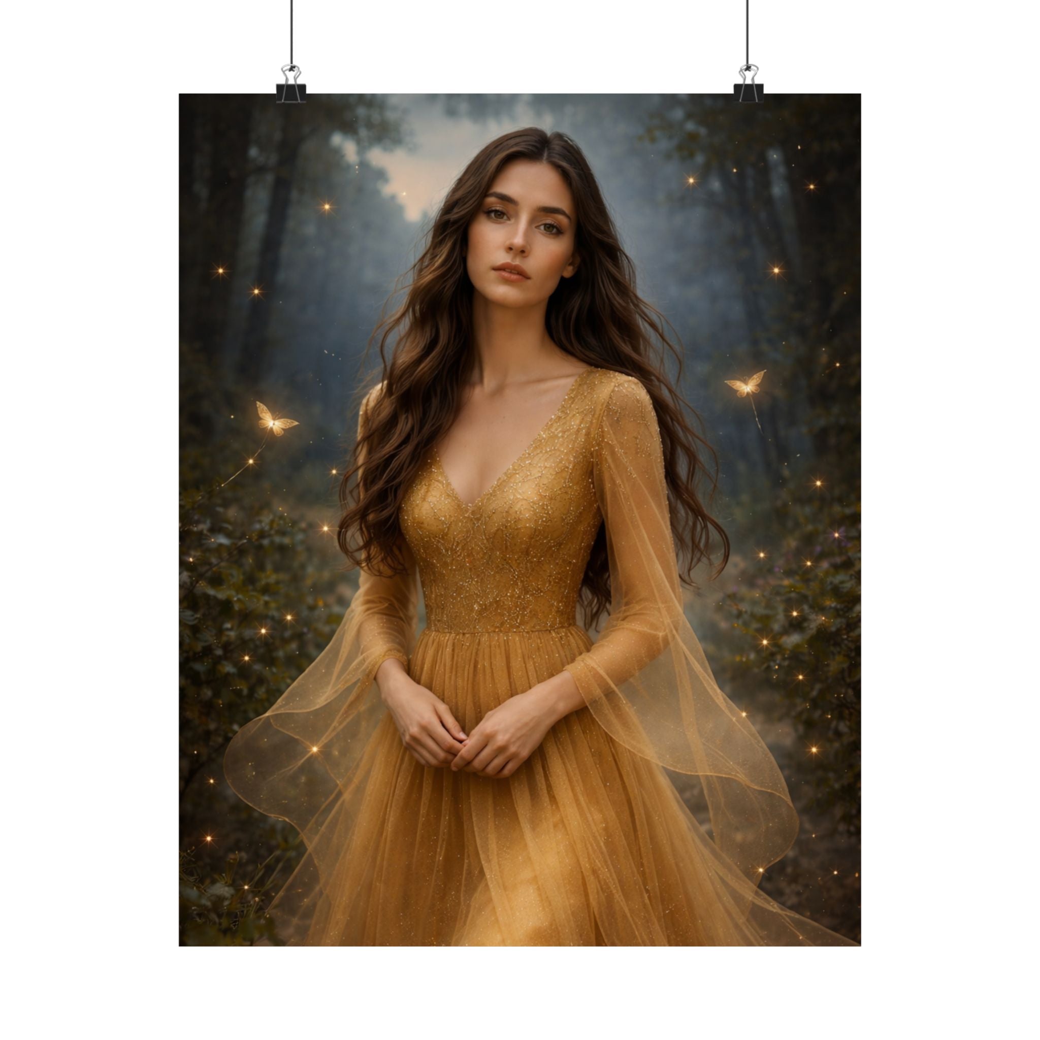 Golden Fairy Portrait Matte Vertical Poster | Ethereal Woman in Gown, Forest Fantasy