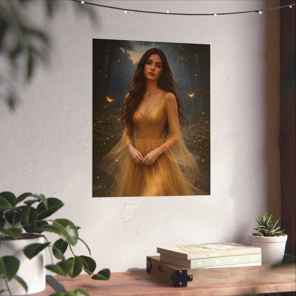 Golden Fairy Portrait Matte Vertical Poster | Ethereal Woman in Gown, Forest Fantasy