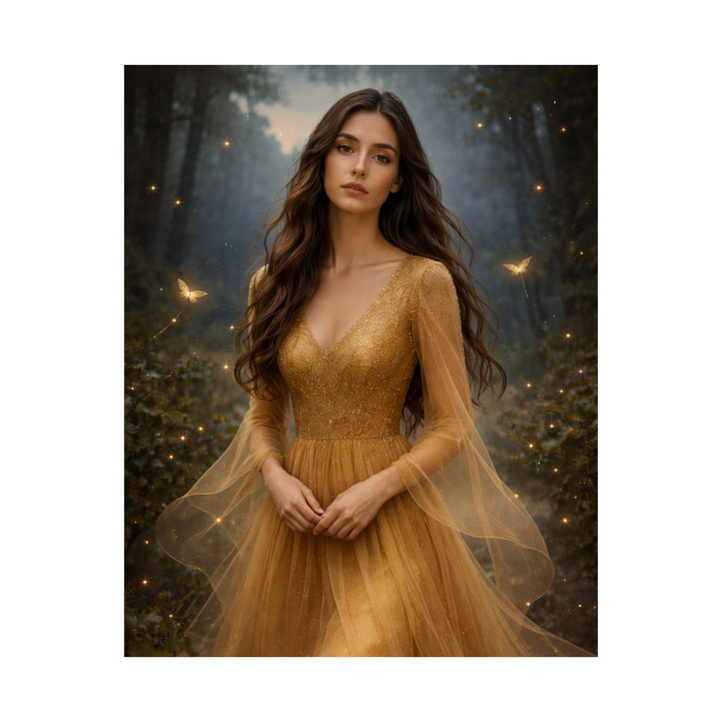 Golden Fairy Portrait Matte Vertical Poster | Ethereal Woman in Gown, Forest Fantasy